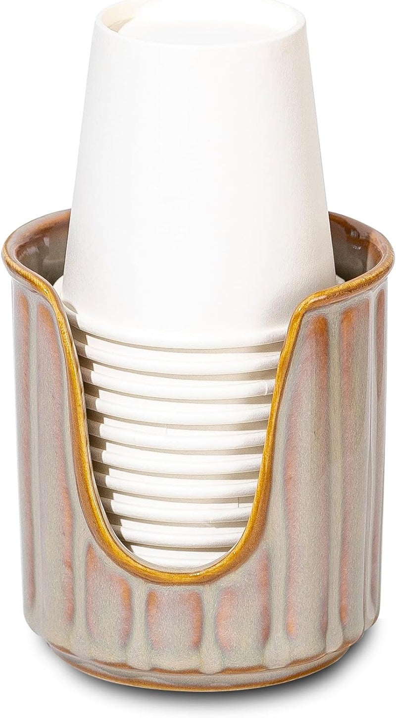 TANEW Ceramic Bathroom Cup Dispenser with Stylish Vertical Stripes - Dixies Cup Dispenser Mouthwash Cup Holder Holds 3oz Paper Cups for Rinsing Cups on Bathroom Vanity Countertops Reactive Glaze Brown - Image 1